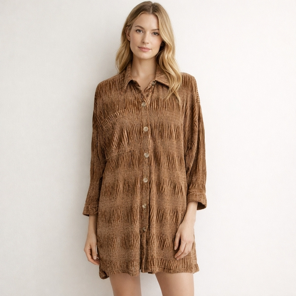 J. NNA Size Medium Boxy Button Front Brown Velvet Lagenlook High-Low Shirt Dress
